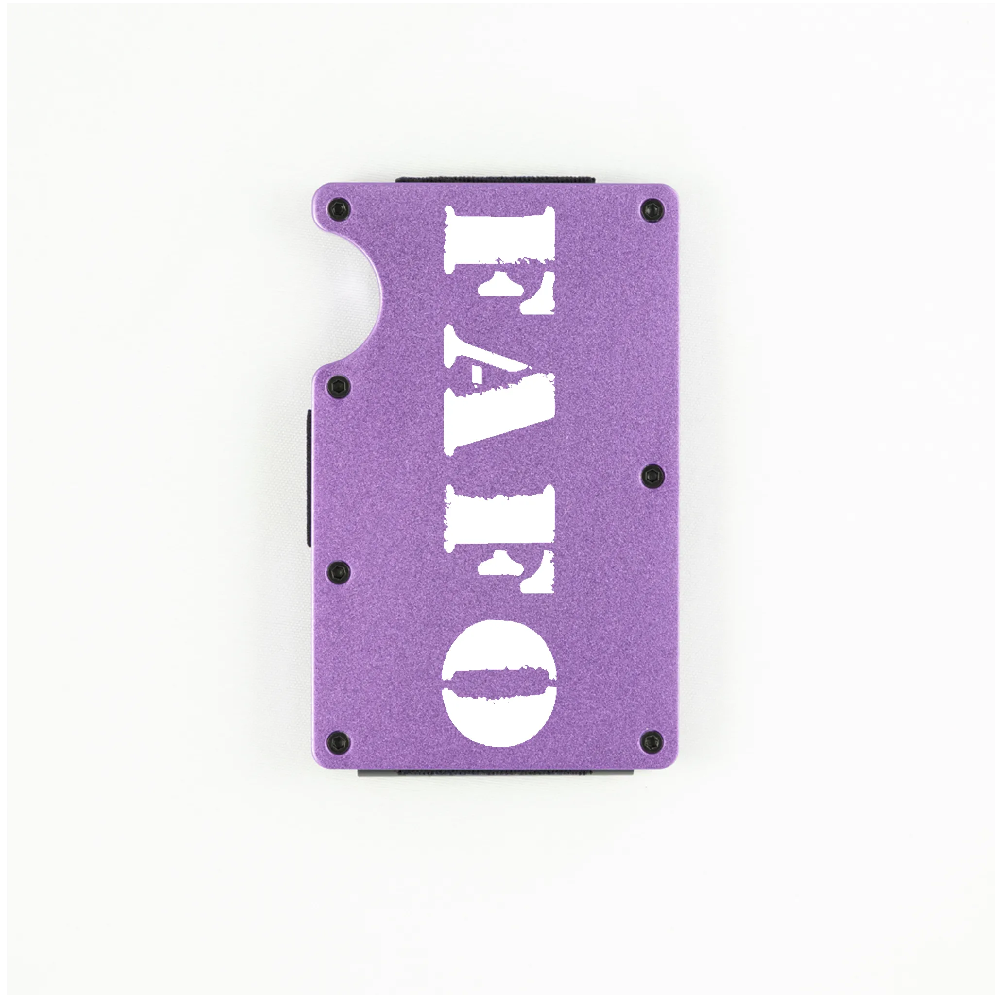 Purple aluminum RFID wallet with bold FAFO stencil engraving on front