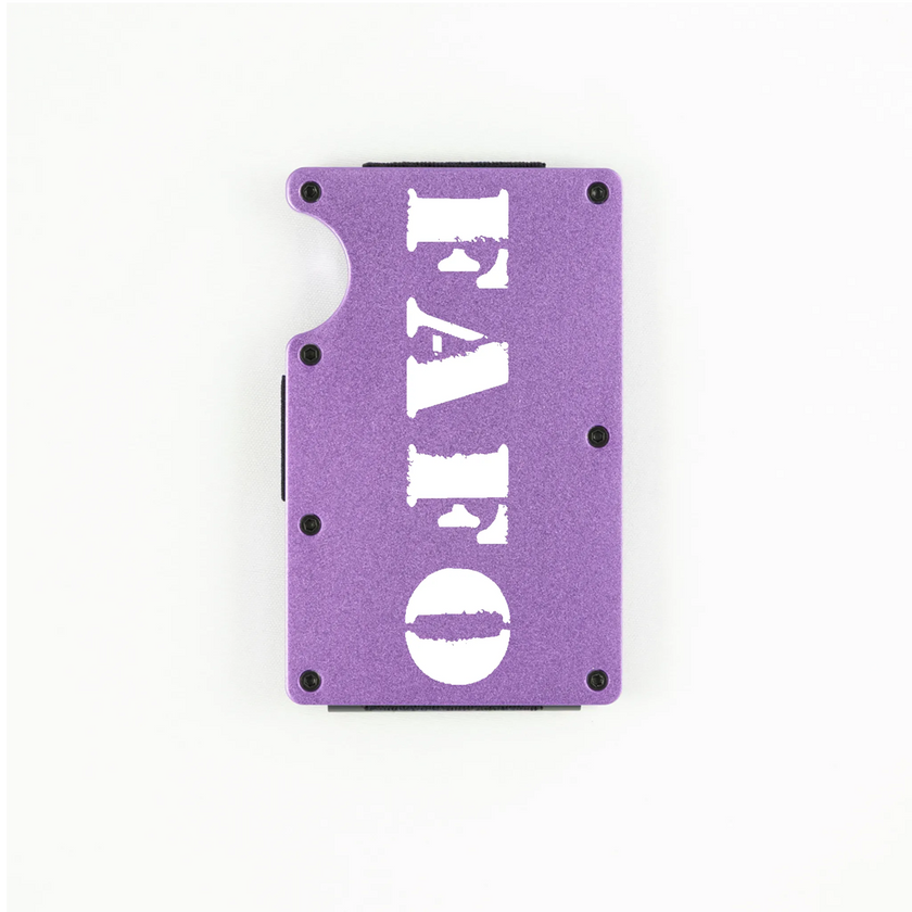 Purple aluminum RFID wallet with bold FAFO stencil engraving on front