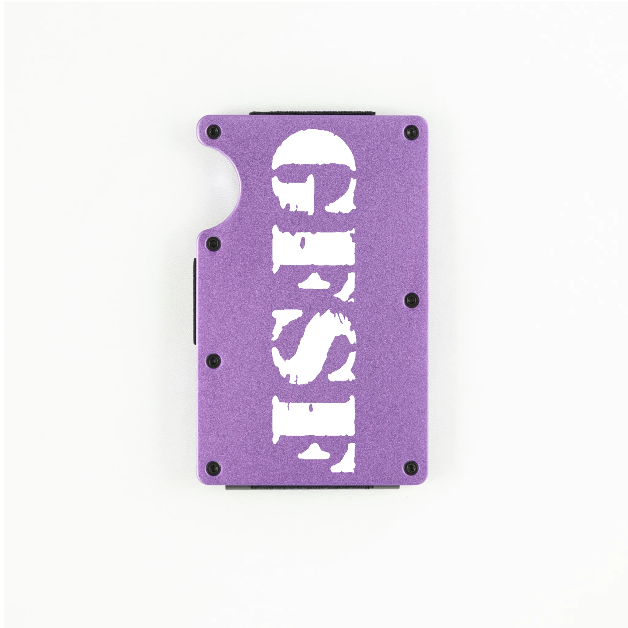 Purple aluminum RFID wallet with GFSF stencil engraving on front