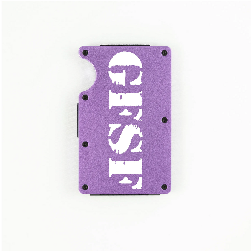 Purple aluminum RFID wallet with GFSF stencil engraving on front
