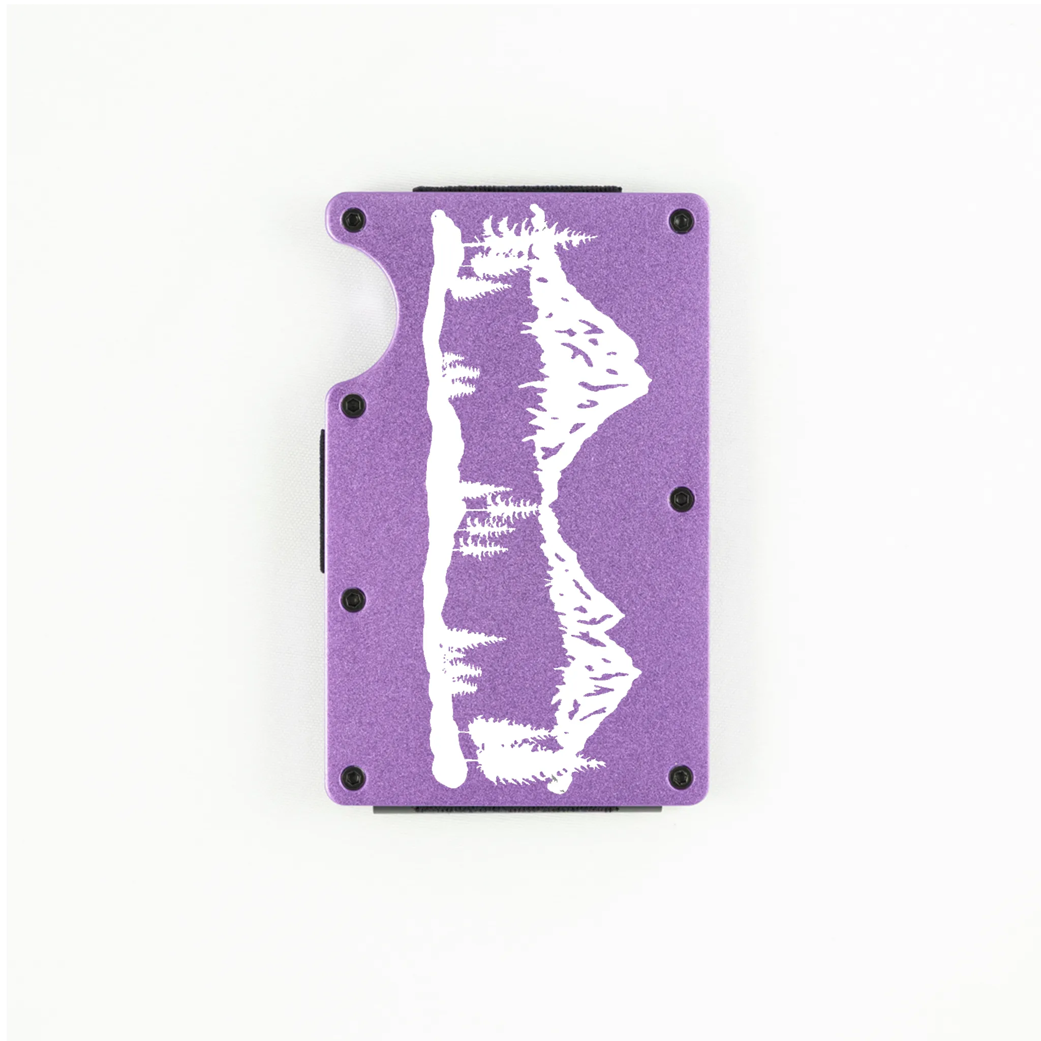 Purple aluminum RFID wallet with laser-engraved mountain range on front