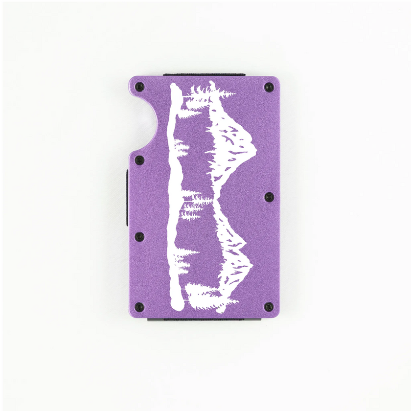Purple aluminum RFID wallet with laser-engraved mountain range on front