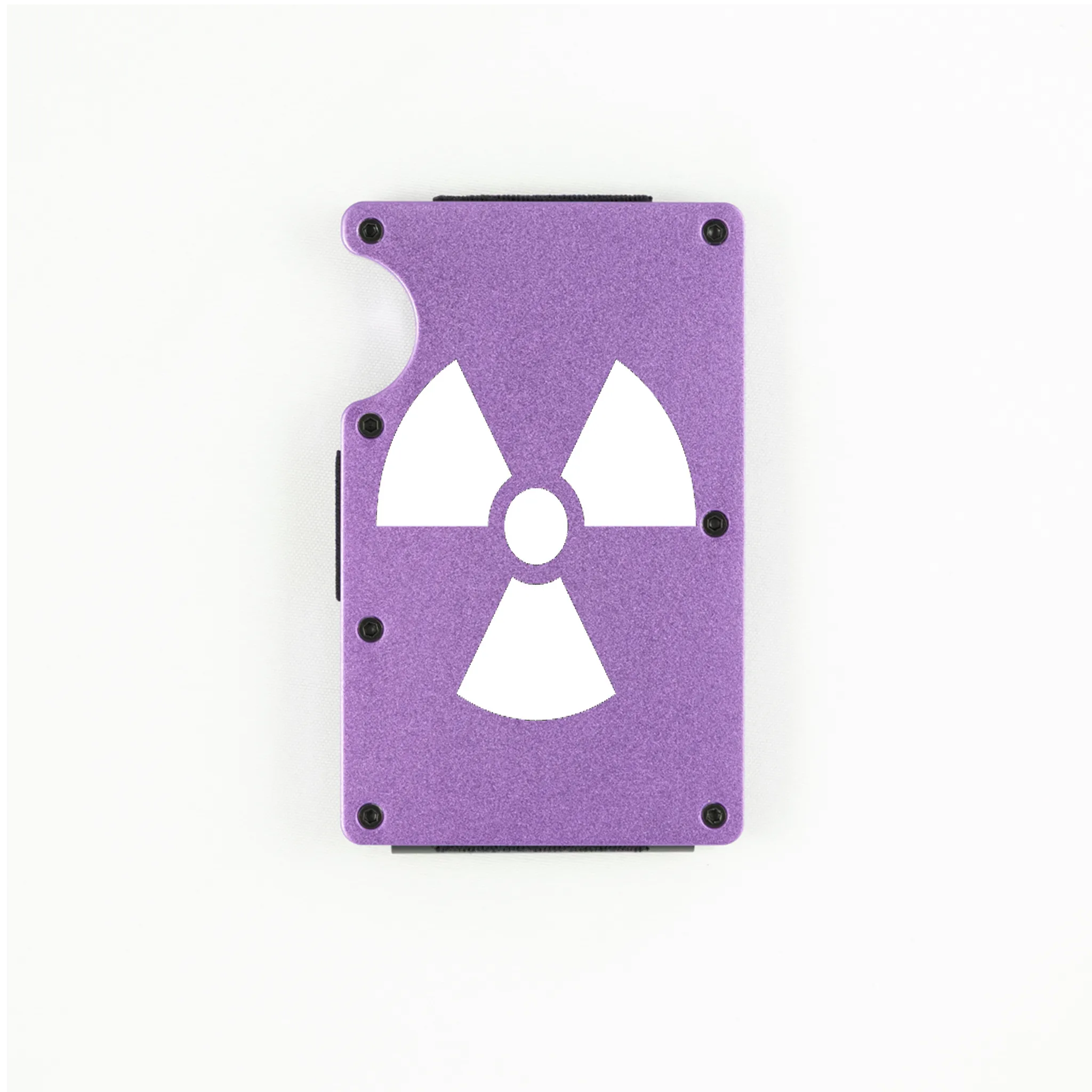 Purple aluminum RFID wallet with radioactive symbol engraving
