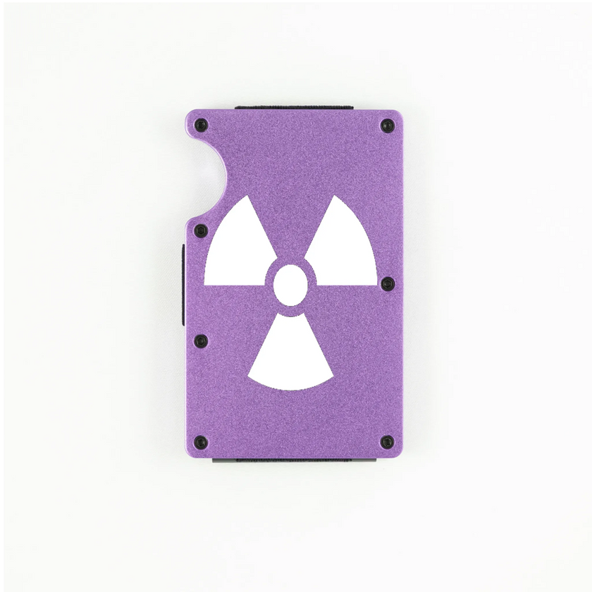 Purple aluminum RFID wallet with radioactive symbol engraving