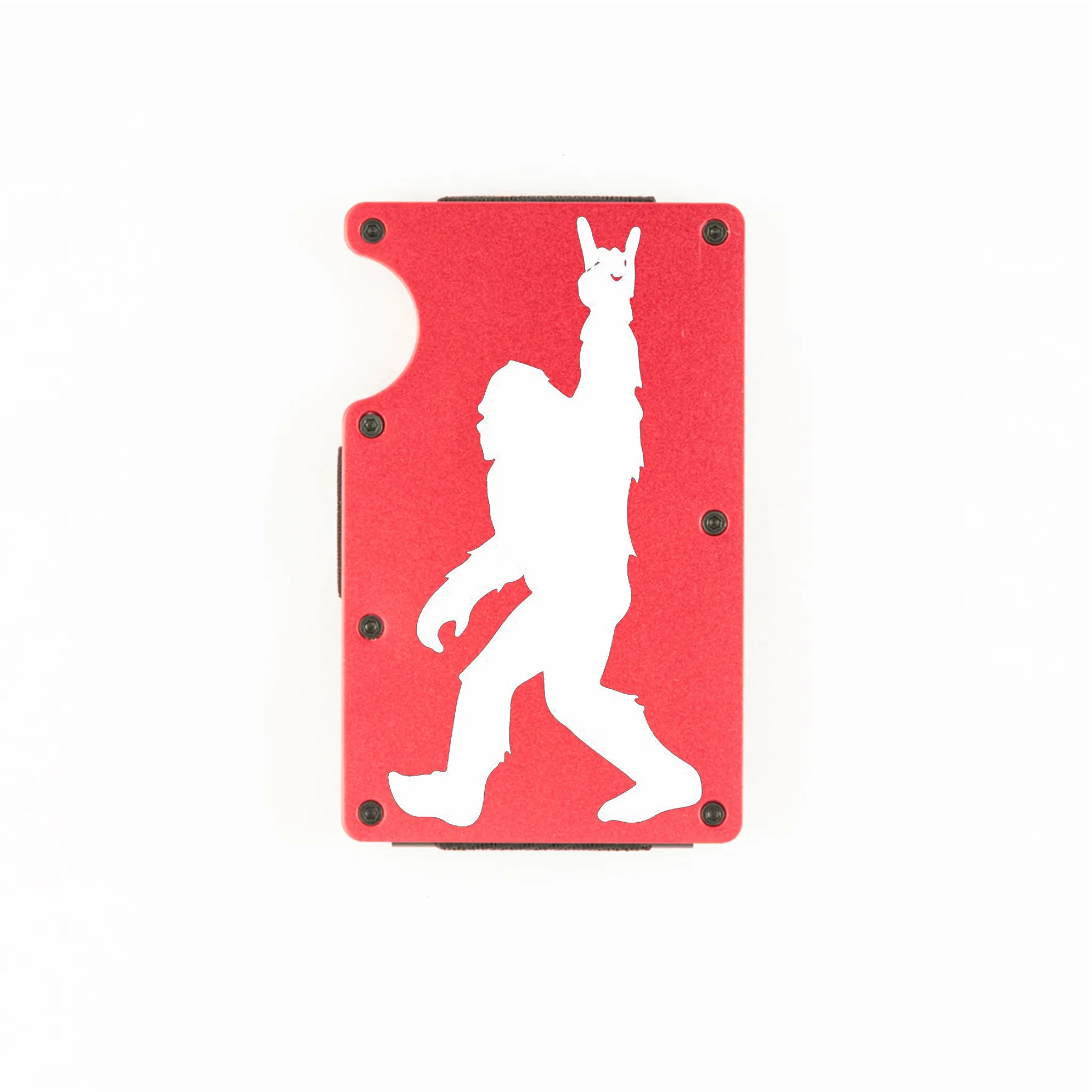 Red aluminum RFID wallet with engraved Bigfoot doing rock on hand gesture