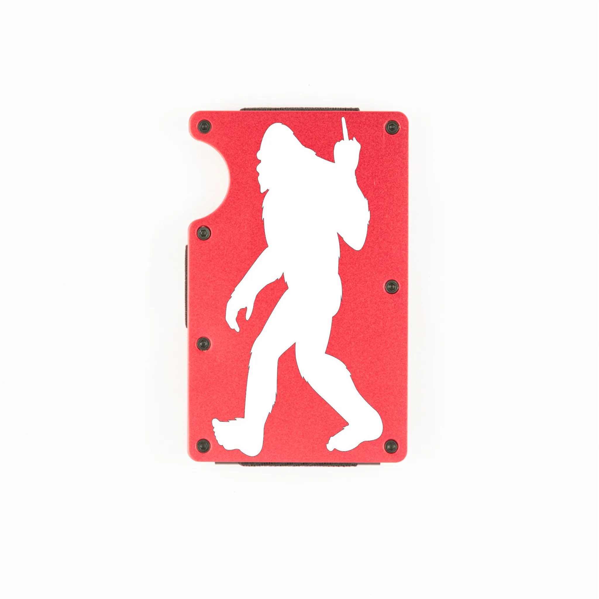 Red aluminum RFID wallet with Bigfoot flipping the bird engraving