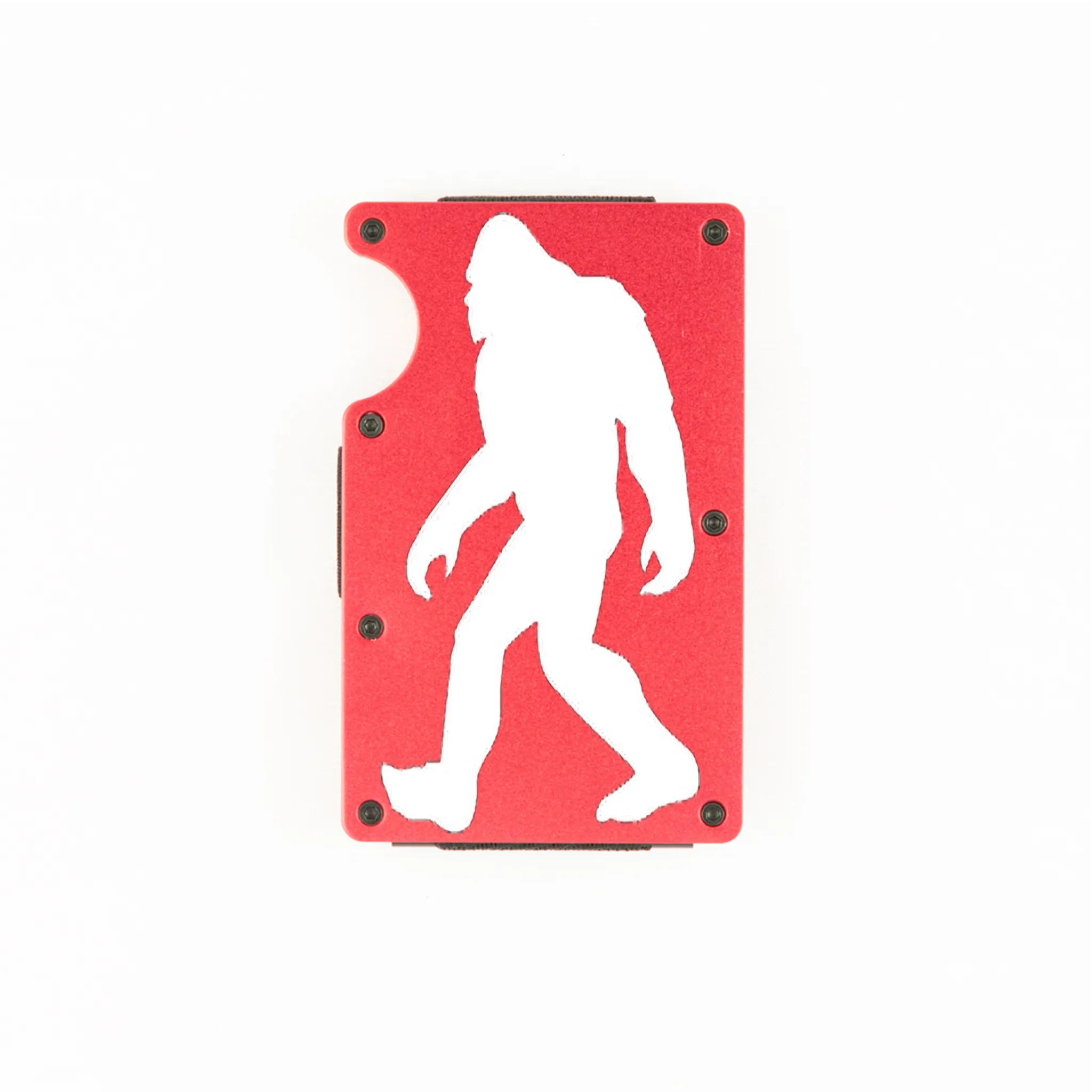 Red aluminum RFID wallet with engraved Bigfoot walking silhouette