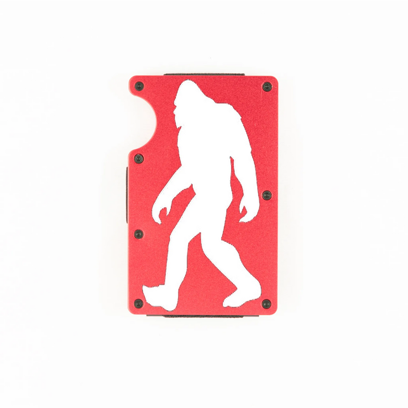 Red aluminum RFID wallet with engraved Bigfoot walking silhouette