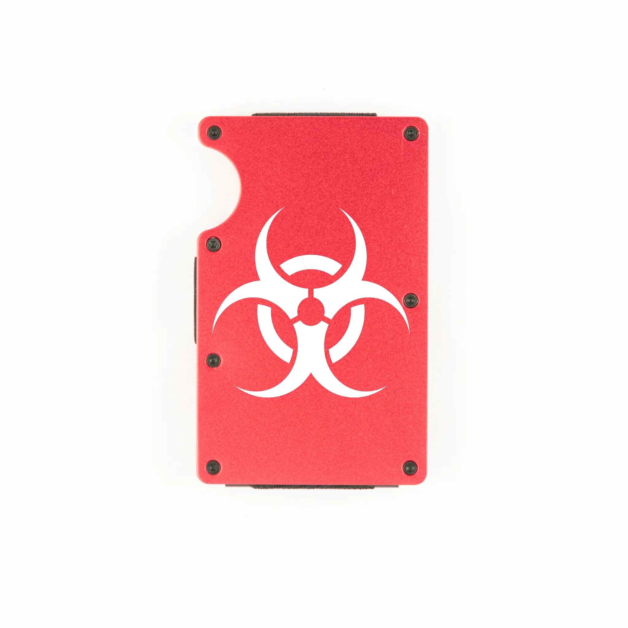 Red aluminum RFID wallet with biohazard symbol engraving on front