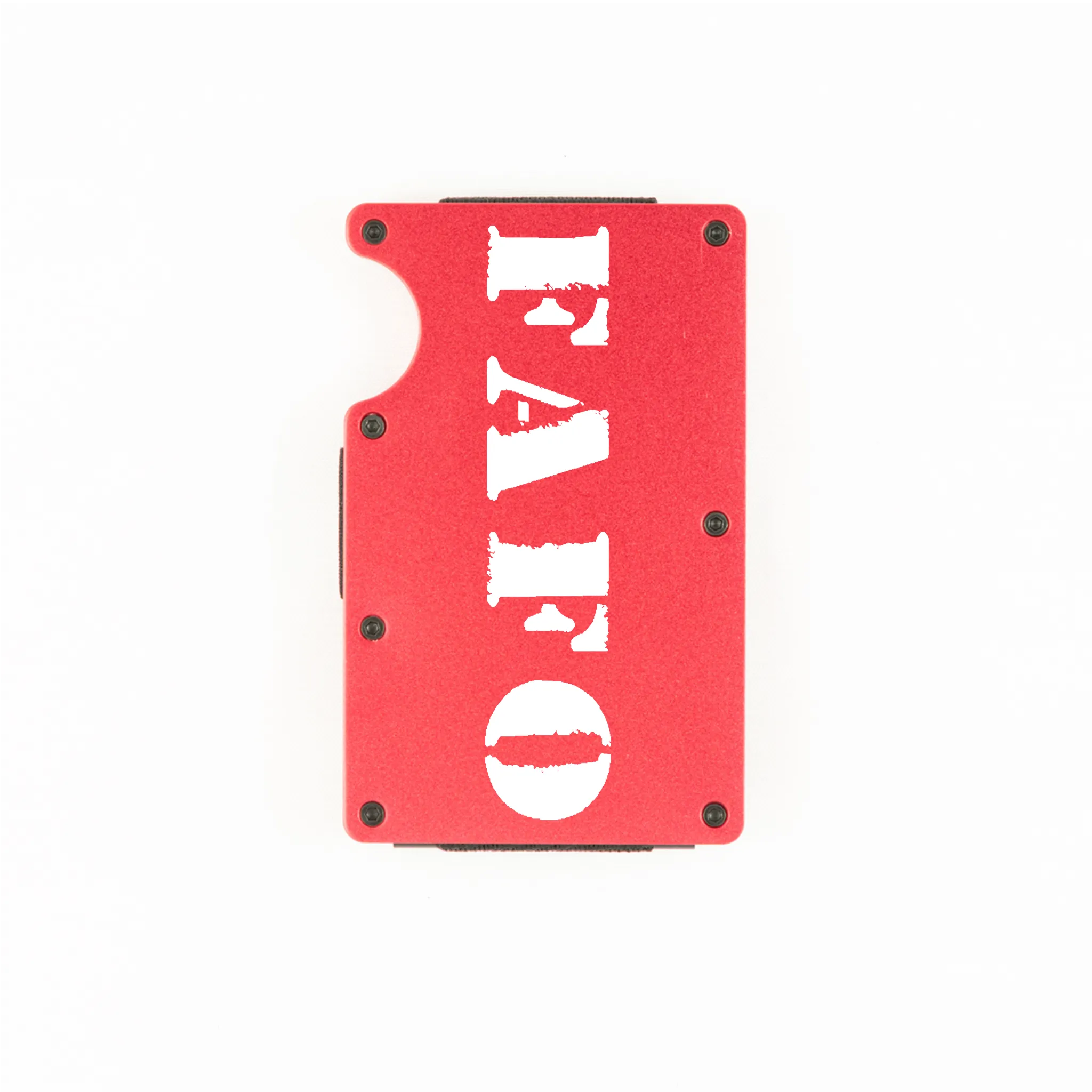 Red aluminum RFID wallet with bold FAFO stencil engraving on front
