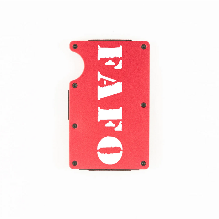 Red aluminum RFID wallet with bold FAFO stencil engraving on front