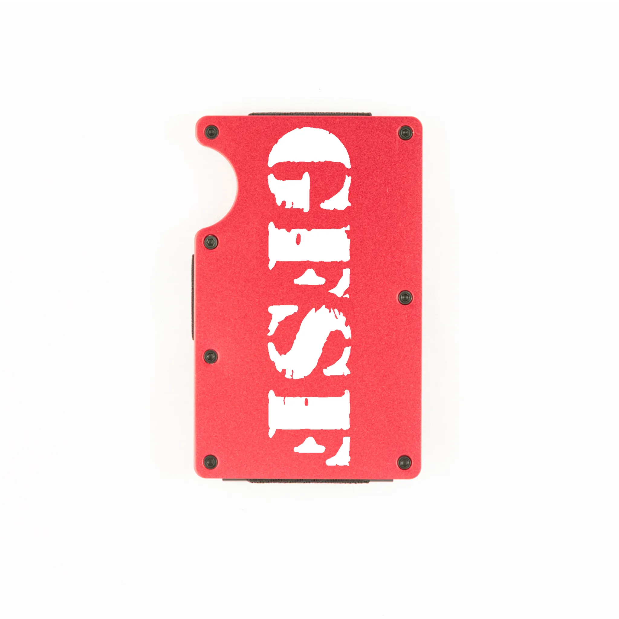 Red aluminum RFID wallet with GFSF stencil engraving on front