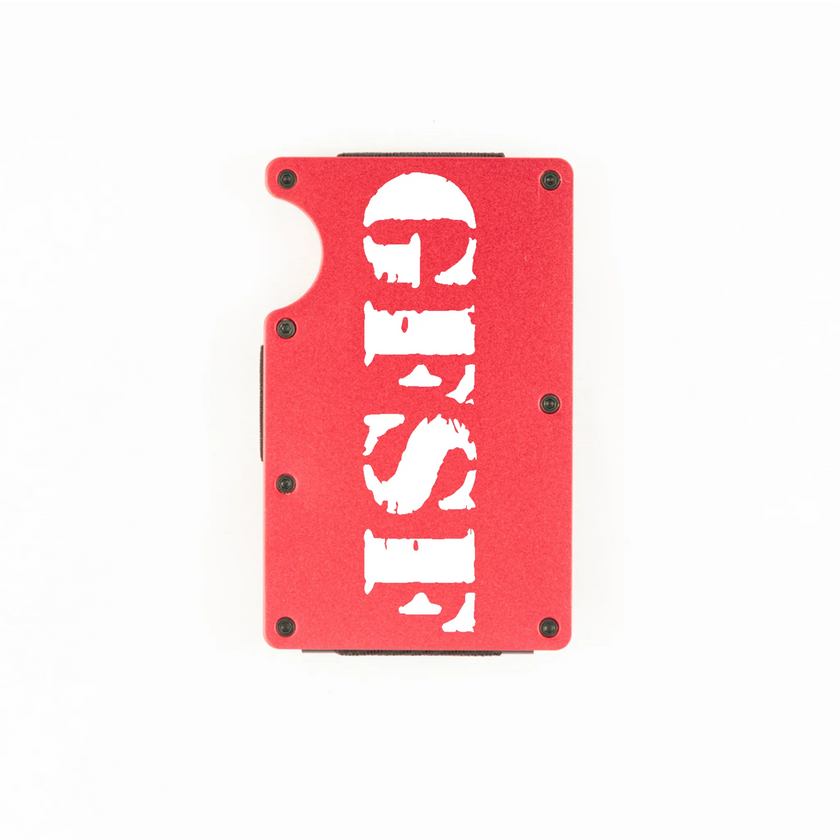 Red aluminum RFID wallet with GFSF stencil engraving on front