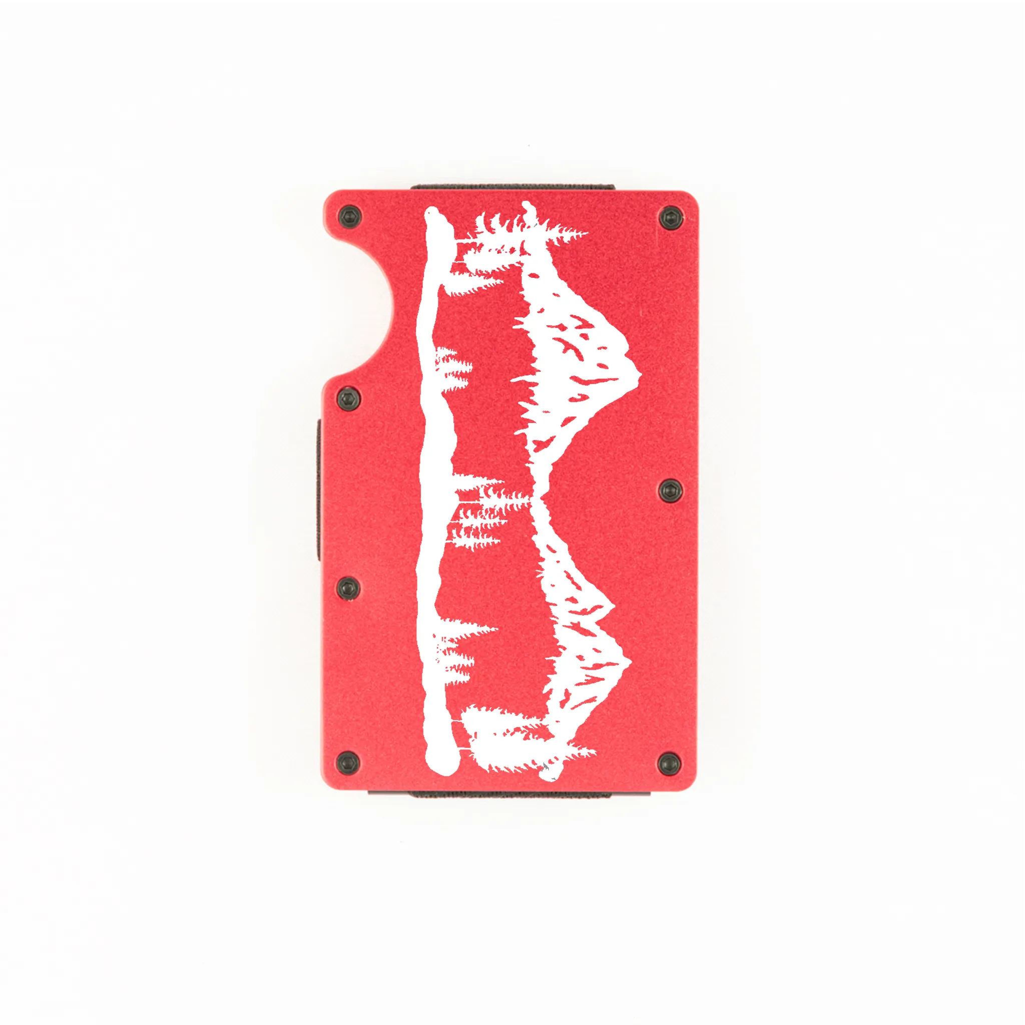 Red aluminum RFID wallet with laser-engraved mountain range on front
