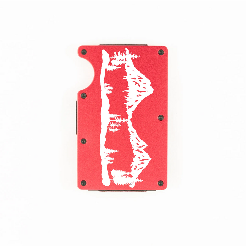 Red aluminum RFID wallet with laser-engraved mountain range on front
