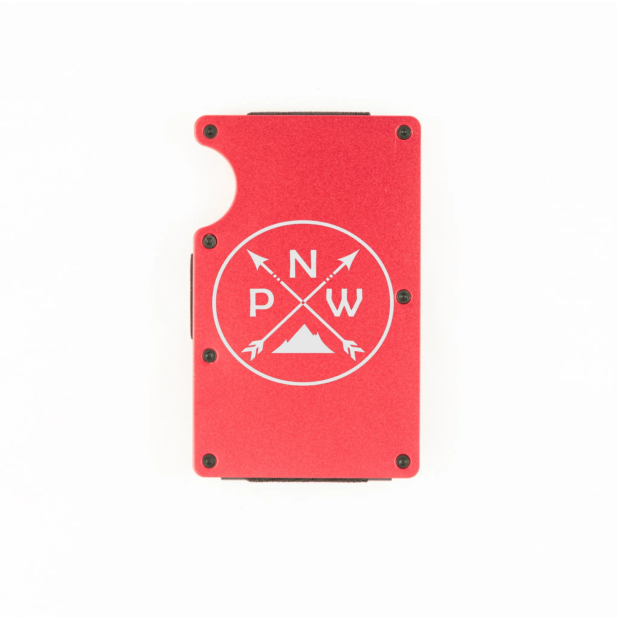 Red aluminum RFID wallet with PNW mountain and crossed arrows engraving