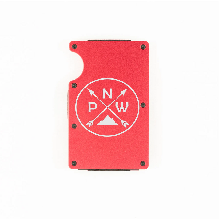 Red aluminum RFID wallet with PNW mountain and crossed arrows engraving