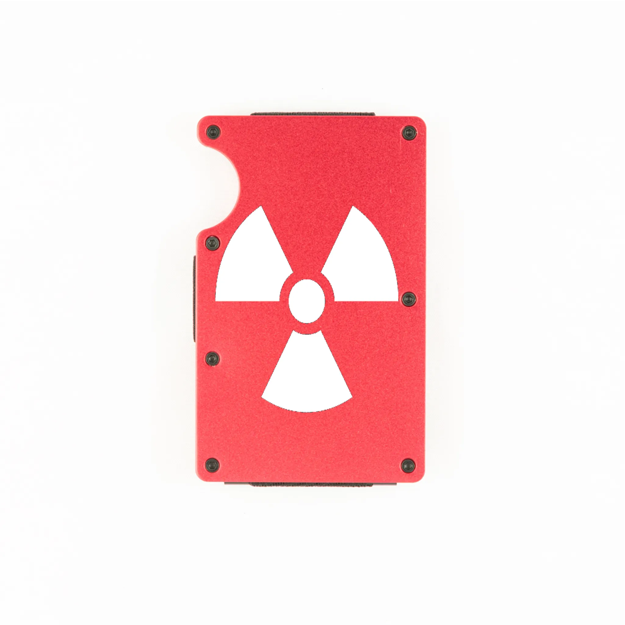 Red aluminum RFID wallet with radioactive symbol engraving