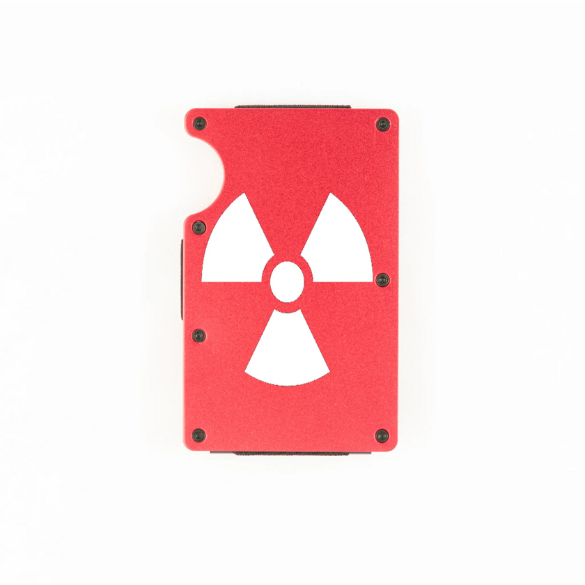 Red aluminum RFID wallet with radioactive symbol engraving