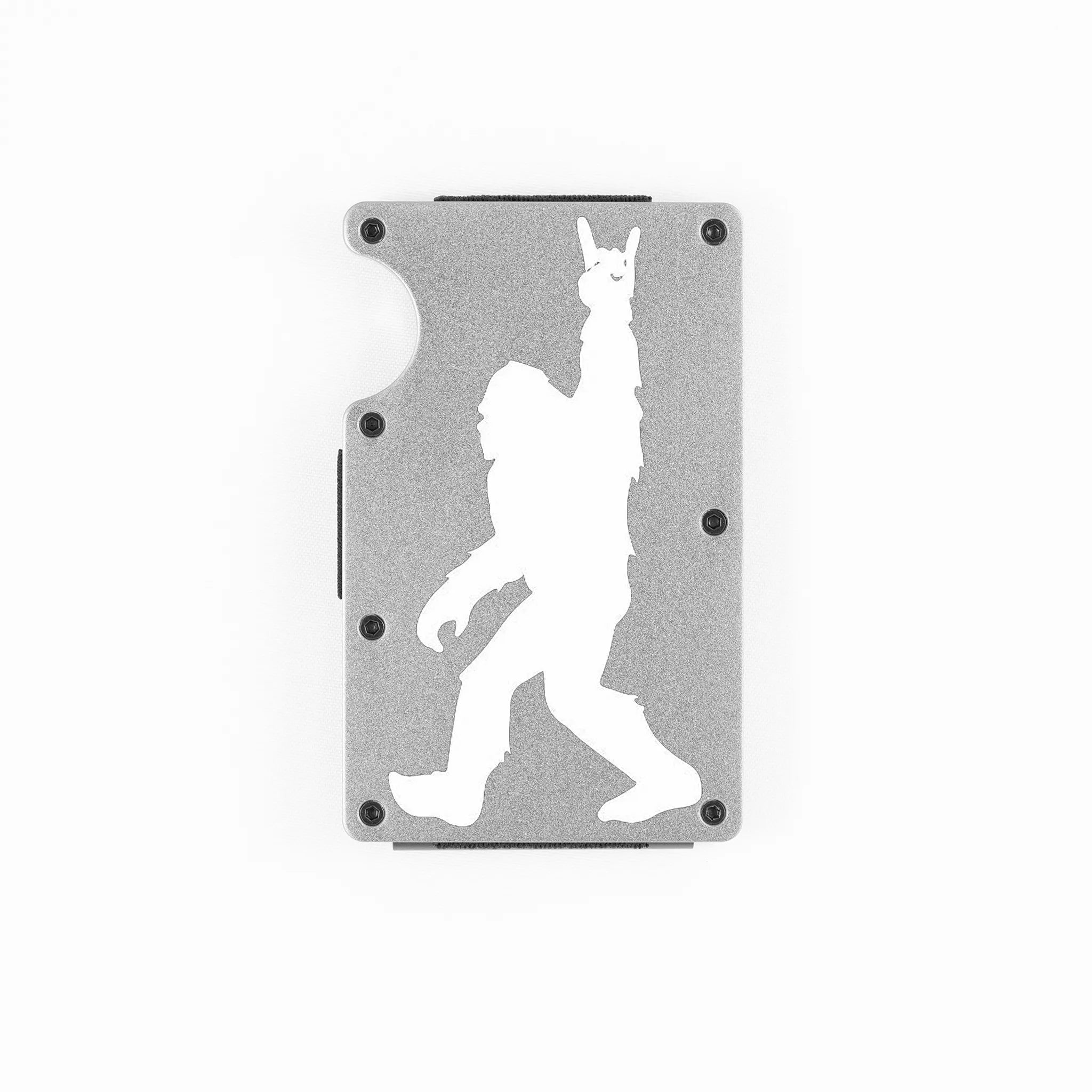 Silver aluminum RFID wallet with engraved Bigfoot doing rock on hand gesture