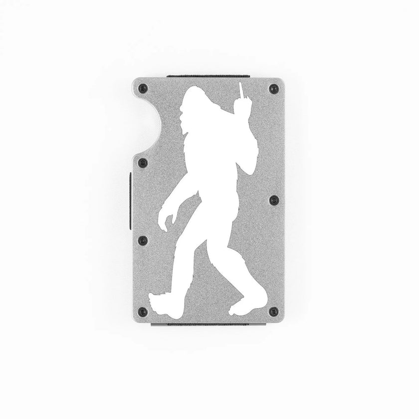 Silver aluminum RFID wallet with Bigfoot flipping the bird engraving