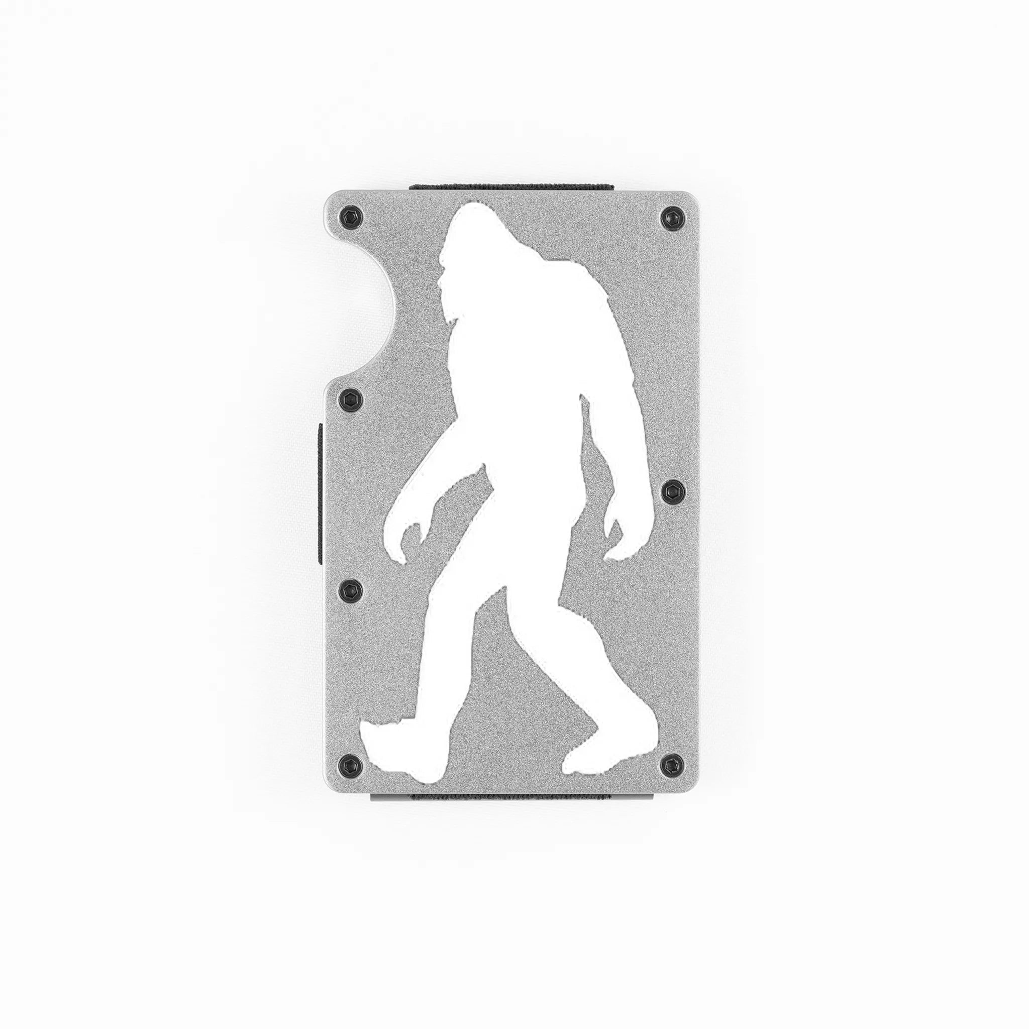 Silver aluminum RFID wallet with engraved Bigfoot walking silhouette