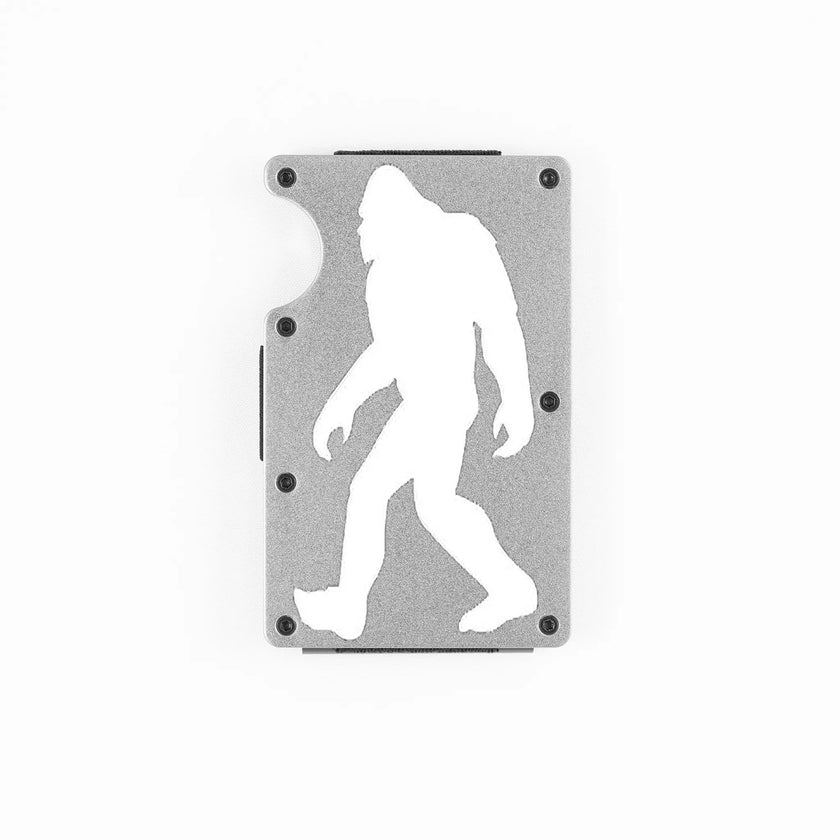 Silver aluminum RFID wallet with engraved Bigfoot walking silhouette