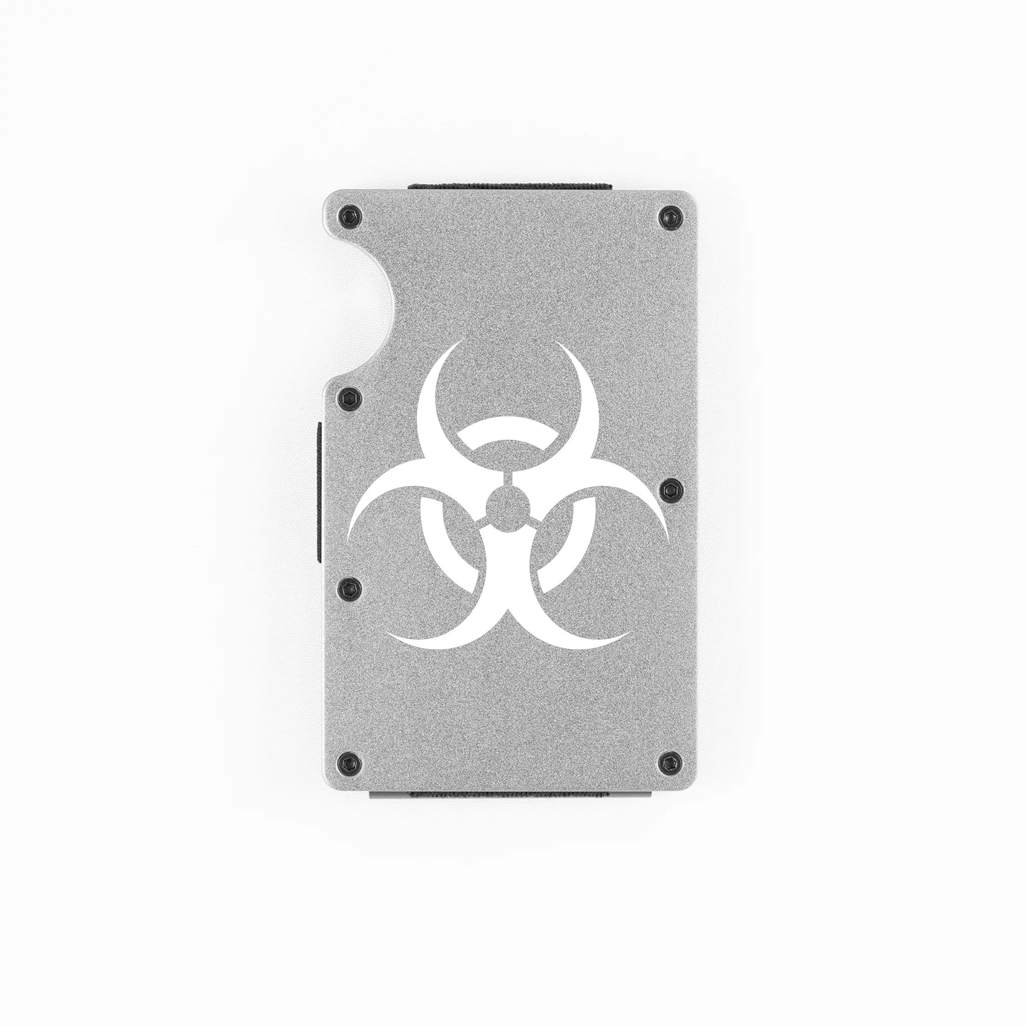 Silver aluminum RFID wallet with biohazard symbol engraving on front