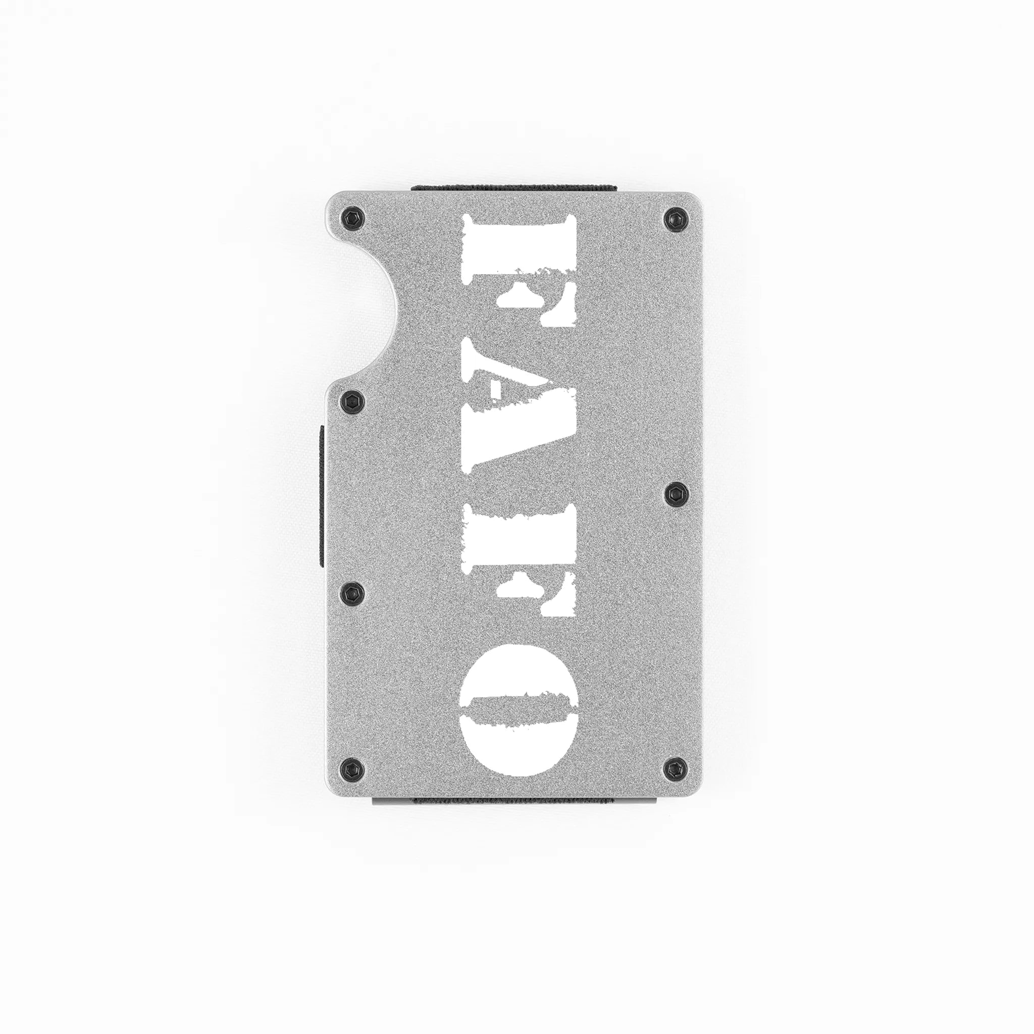 Silver aluminum RFID wallet with bold FAFO stencil engraving on front