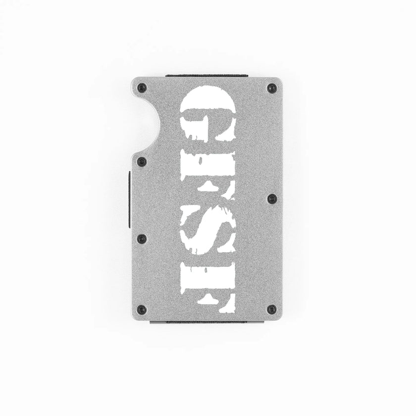Silver aluminum RFID wallet with GFSF stencil engraving on front