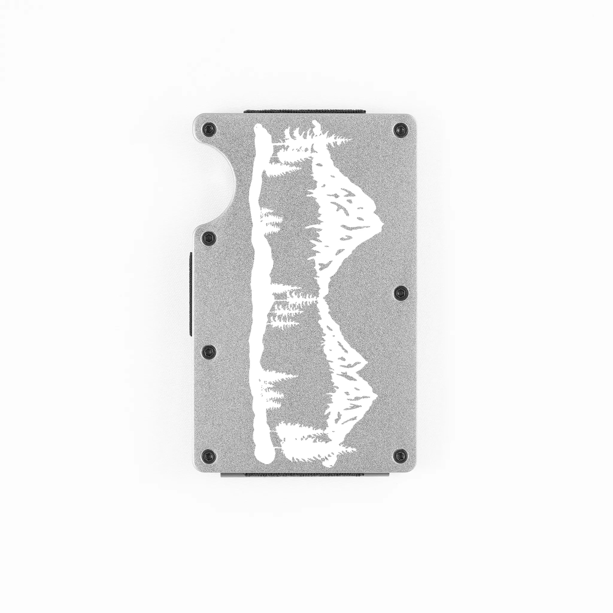 Silver aluminum RFID wallet with laser-engraved mountain range on front