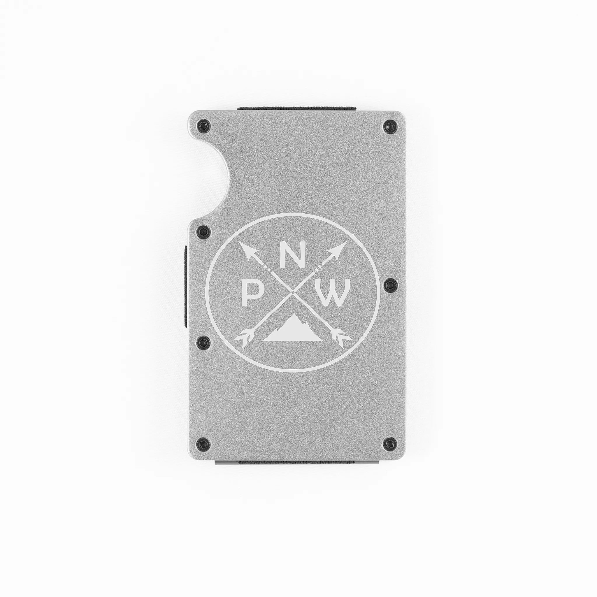 Silver aluminum RFID wallet with PNW mountain and crossed arrows engraving