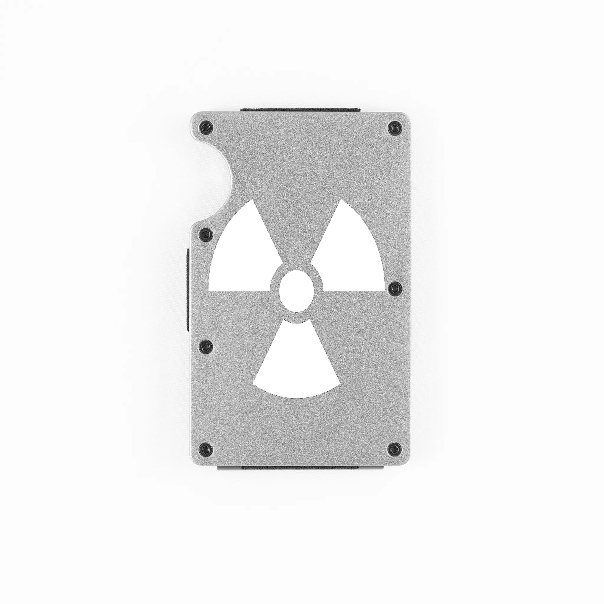 Silver aluminum RFID wallet with radioactive symbol engraving