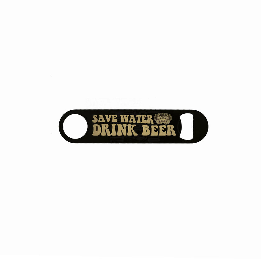 Black powder-coated speed opener laser engraved with “Save Water Drink Beer” and beer mug icon – funny custom bartender bottle opener.