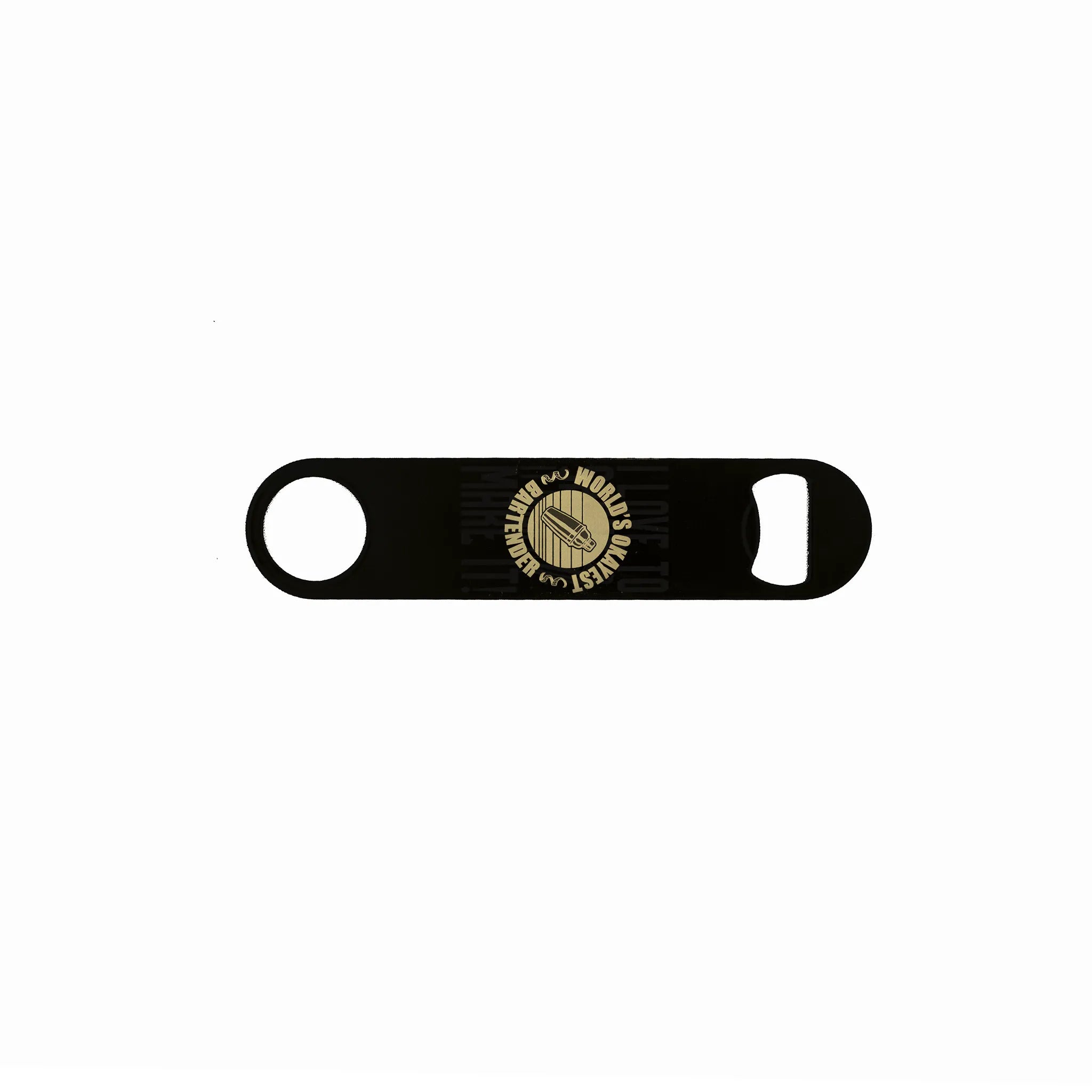 Black powder-coated speed opener laser engraved with “World’s Okayest Bartender” circular badge design – custom bartender bottle opener.