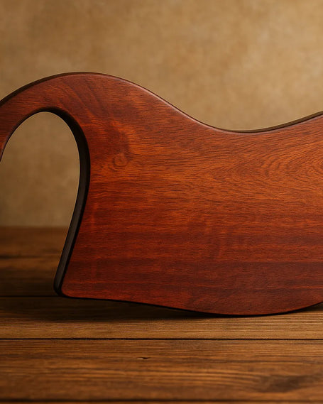 Handcrafted bloodwood charcuterie board with sculpted handle – artisan serving board by Fraxure Art & Design.