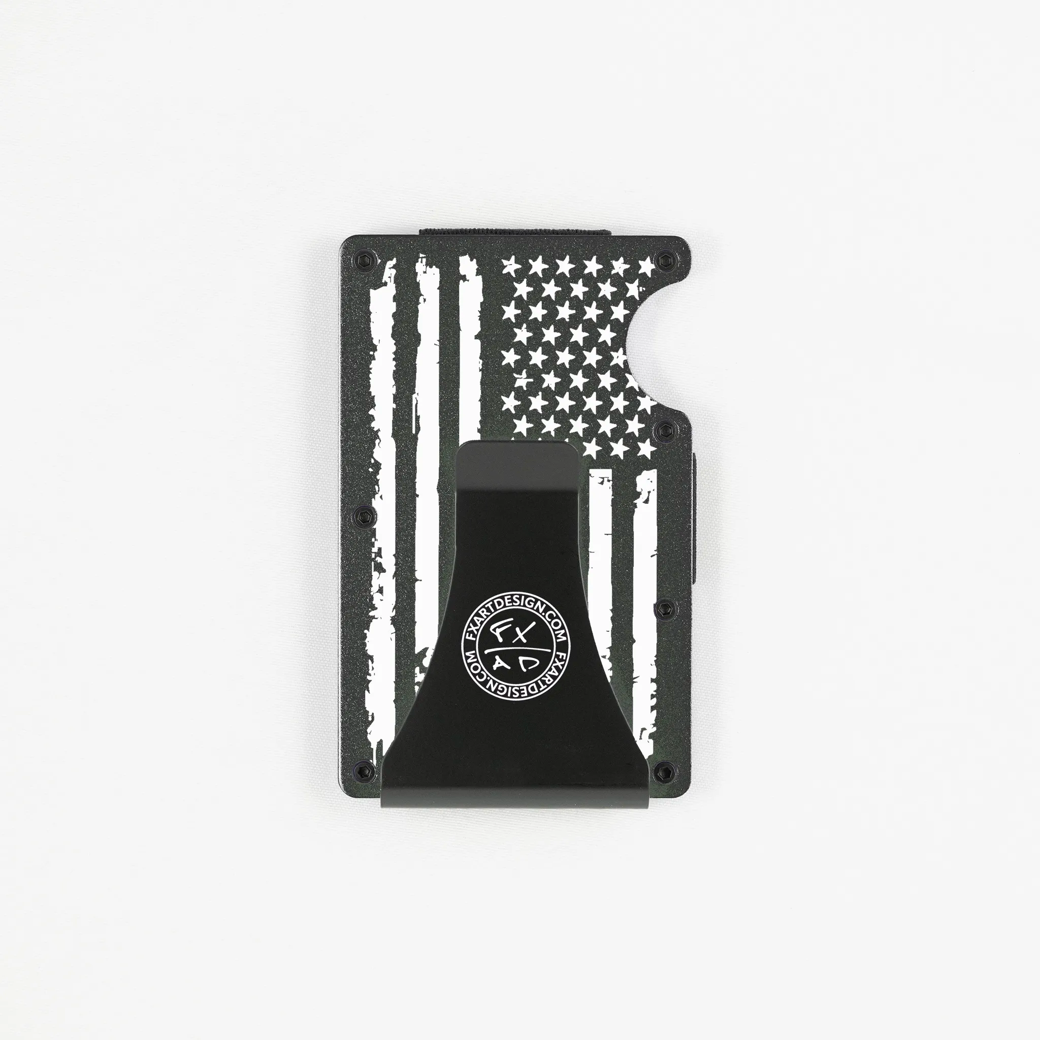 Back view of black metal RFID wallet with distressed American flag engraving and Fraxure Art & Design money clip