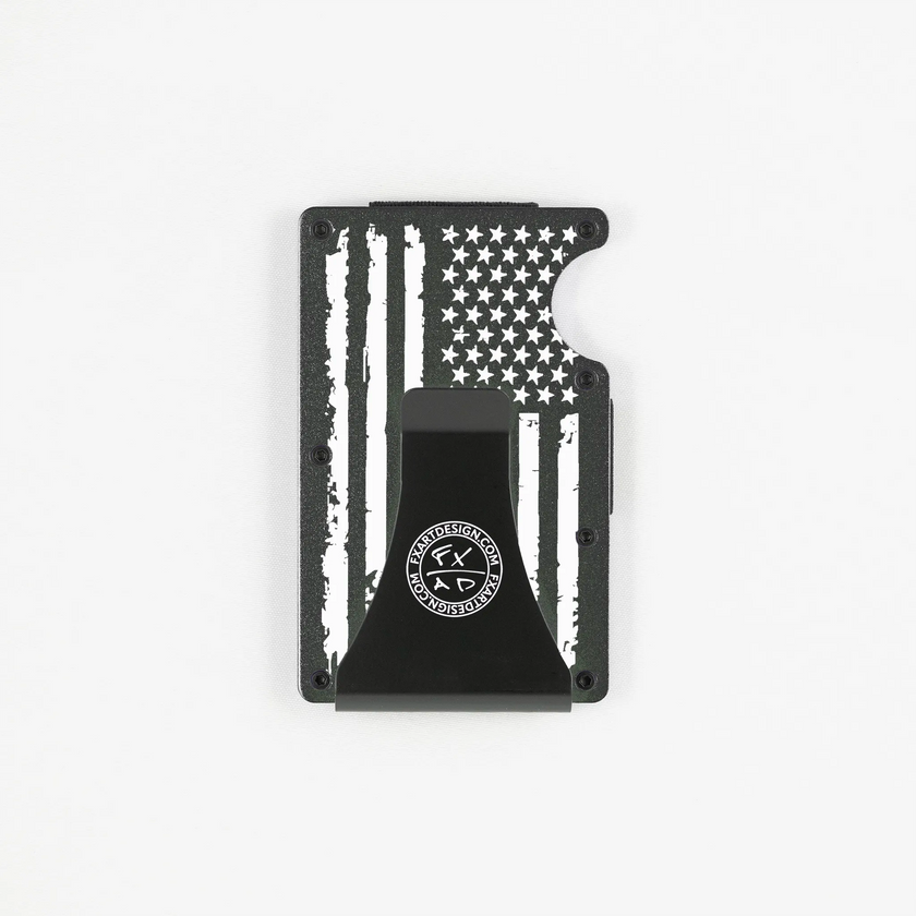 Back view of black metal RFID wallet with distressed American flag engraving and Fraxure Art & Design money clip