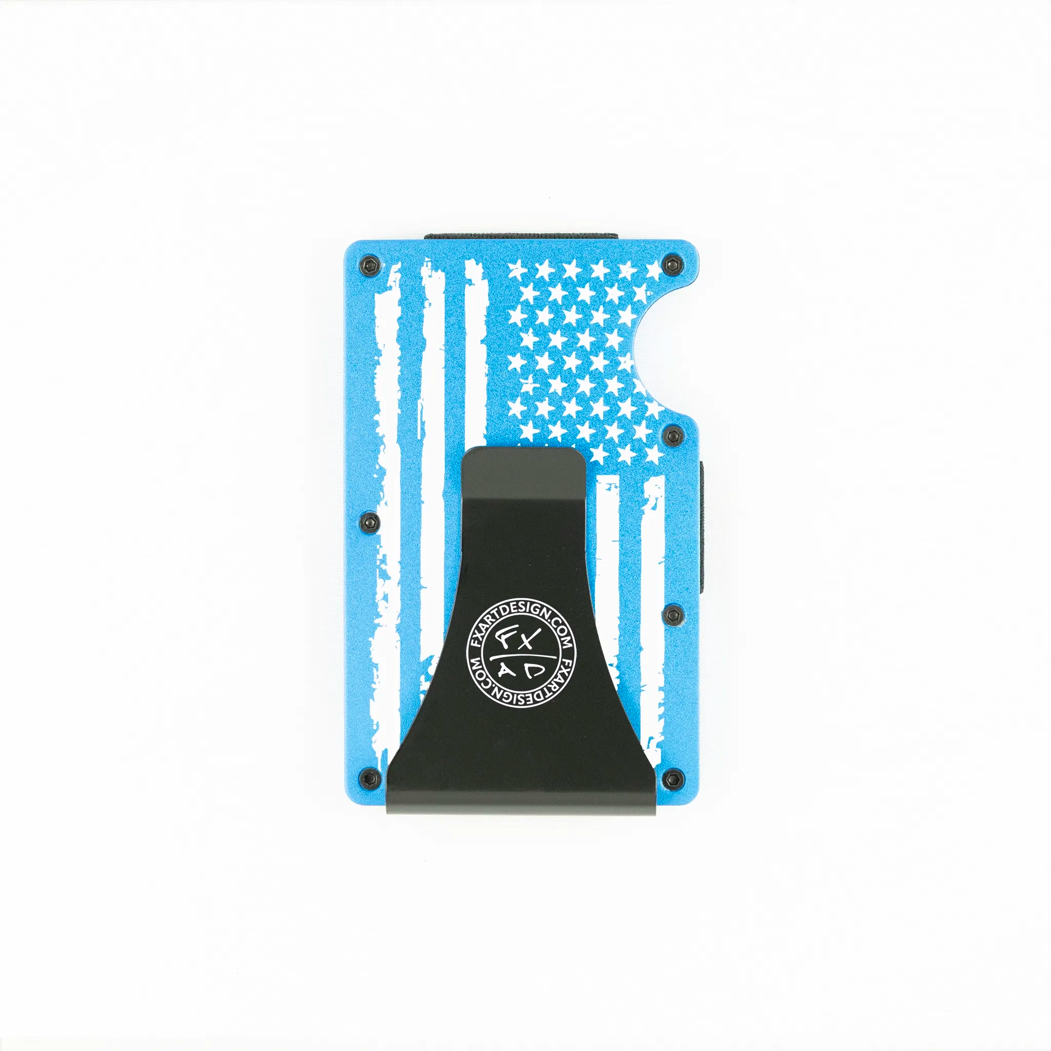Back view of blue metal RFID wallet with distressed American flag engraving and Fraxure Art & Design money clip