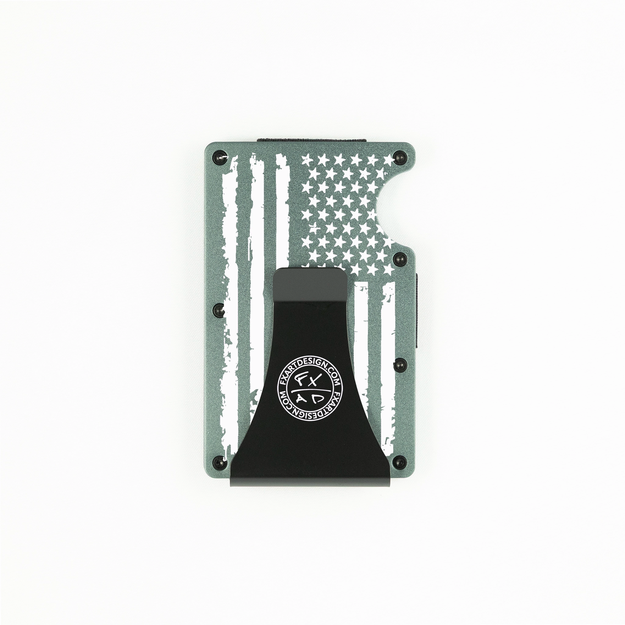 Back view of dark grey metal RFID wallet with distressed American flag engraving and Fraxure Art & Design money clip