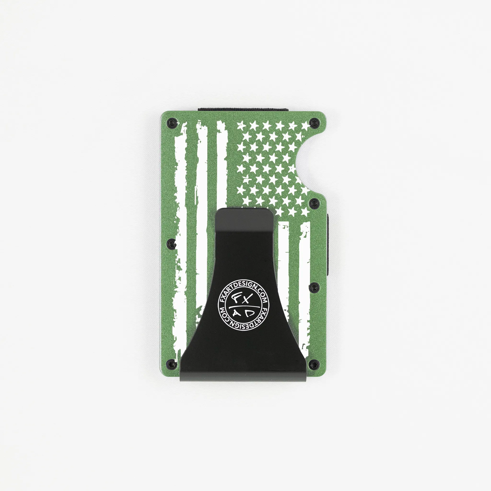 Back view of green metal RFID wallet with distressed American flag engraving and Fraxure Art & Design money clip