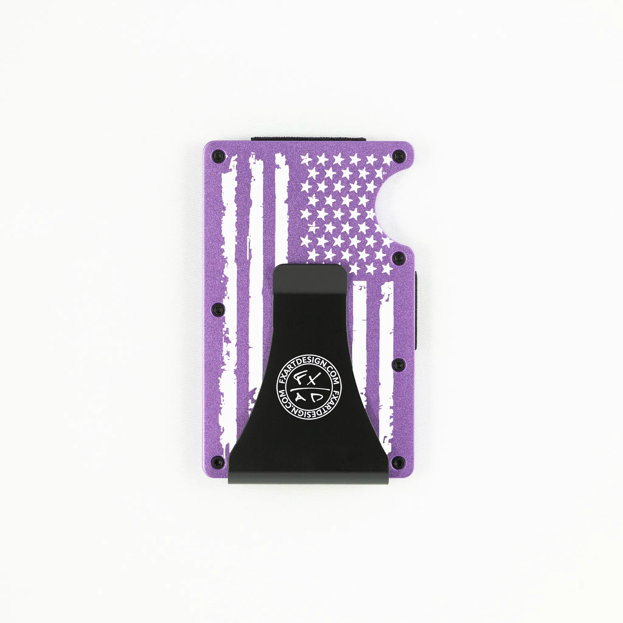 Back view of purple metal RFID wallet with distressed American flag engraving and Fraxure Art & Design money clip