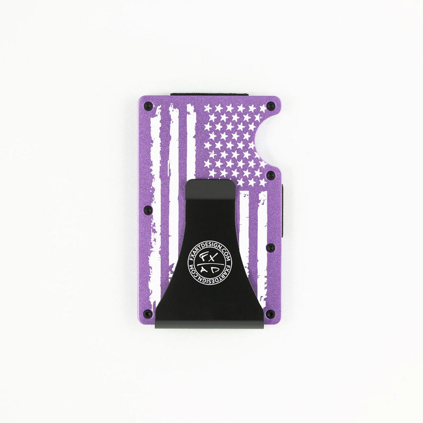 Back view of purple metal RFID wallet with distressed American flag engraving and Fraxure Art & Design money clip