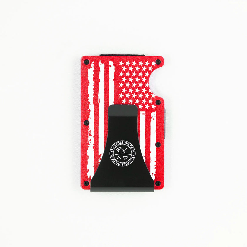 Back view of red metal RFID wallet with distressed American flag engraving and Fraxure Art & Design money clip