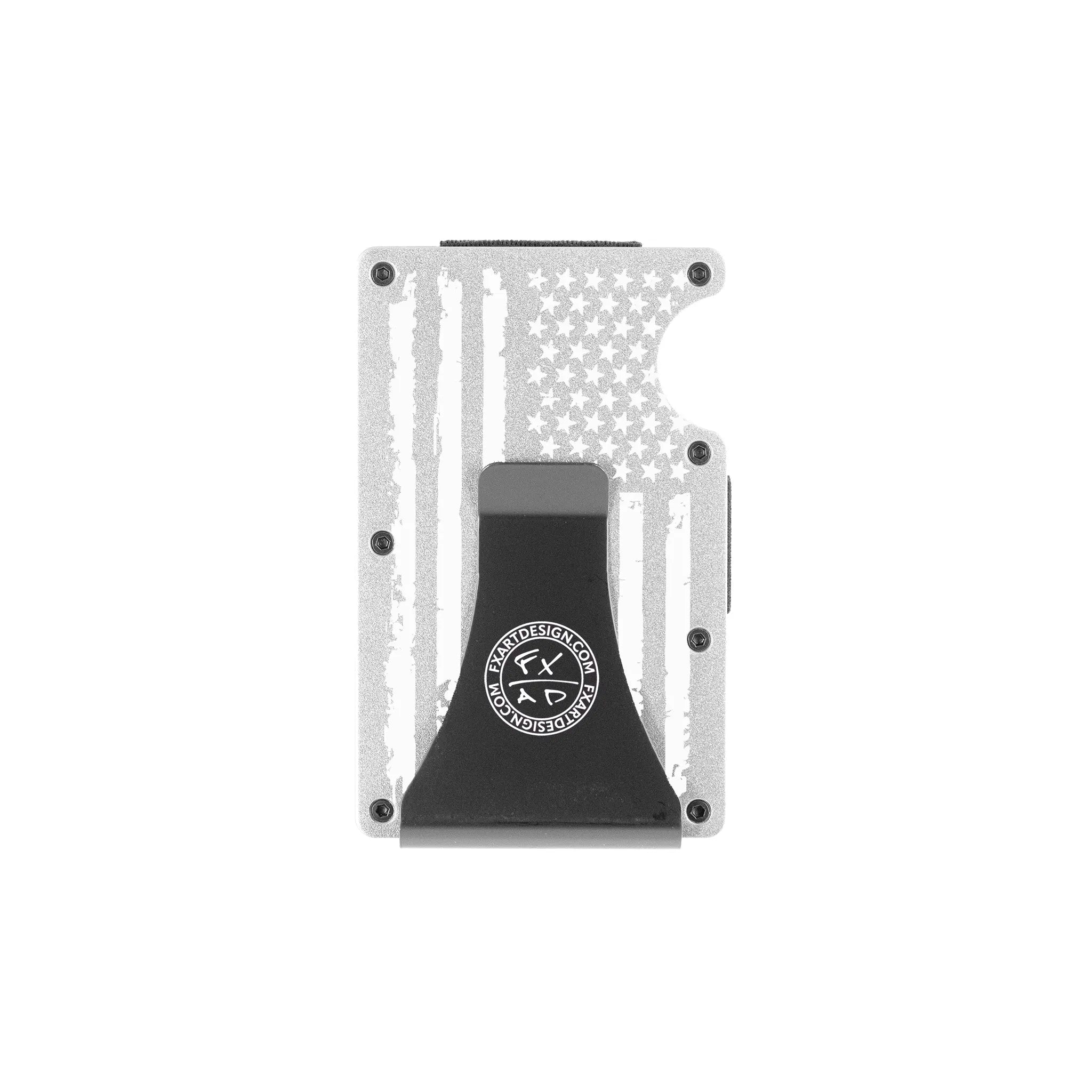 Back view of silver metal RFID wallet with distressed American flag engraving and Fraxure Art & Design money clip
