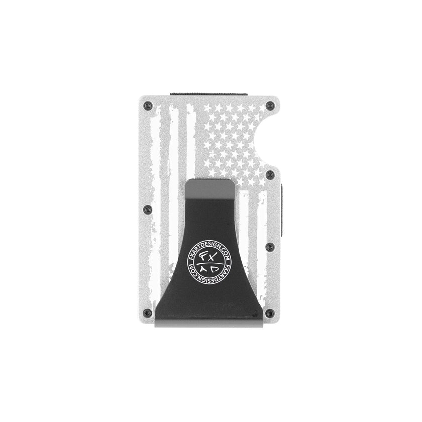 Back view of silver metal RFID wallet with distressed American flag engraving and Fraxure Art & Design money clip