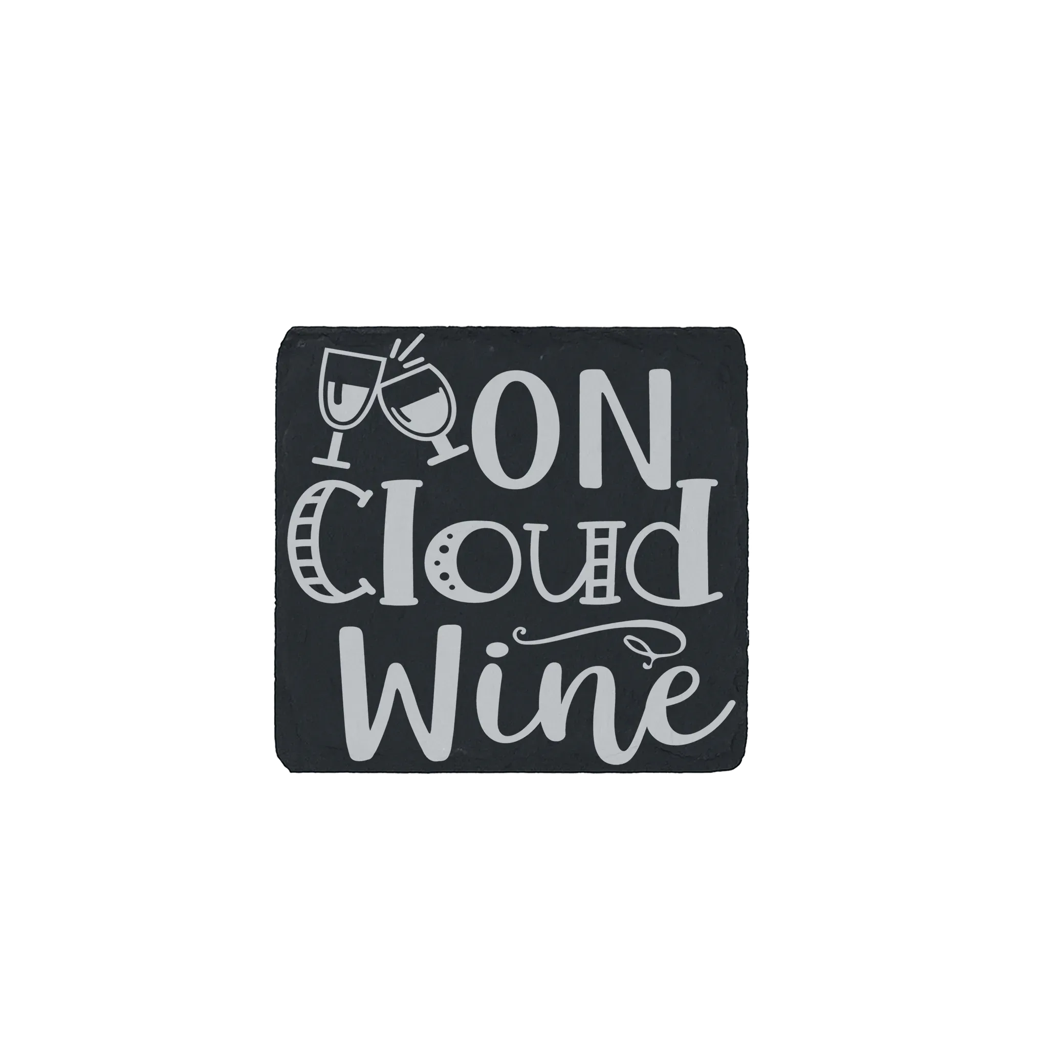 Slate coaster with “On Cloud Wine” engraving – funny wine lover gift or rustic bar decor accent.
