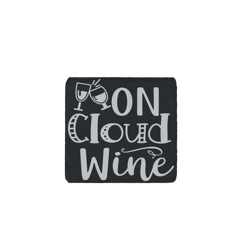 Slate coaster with “On Cloud Wine” engraving – funny wine lover gift or rustic bar decor accent.