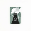 Rear view of dark grey RFID metal wallet with distressed American flag and Fraxure clip engraving