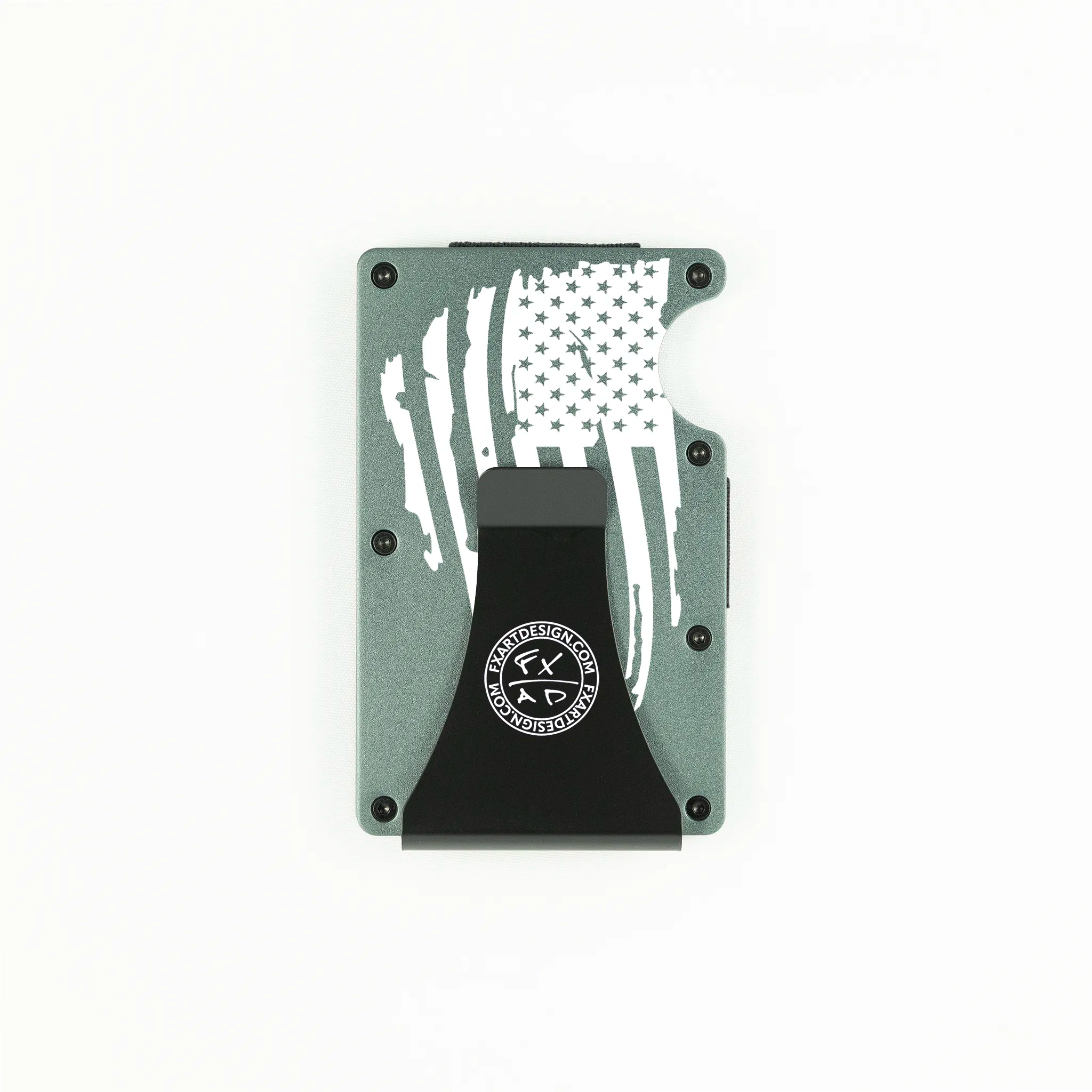 Rear view of dark grey RFID metal wallet with distressed American flag and Fraxure clip engraving